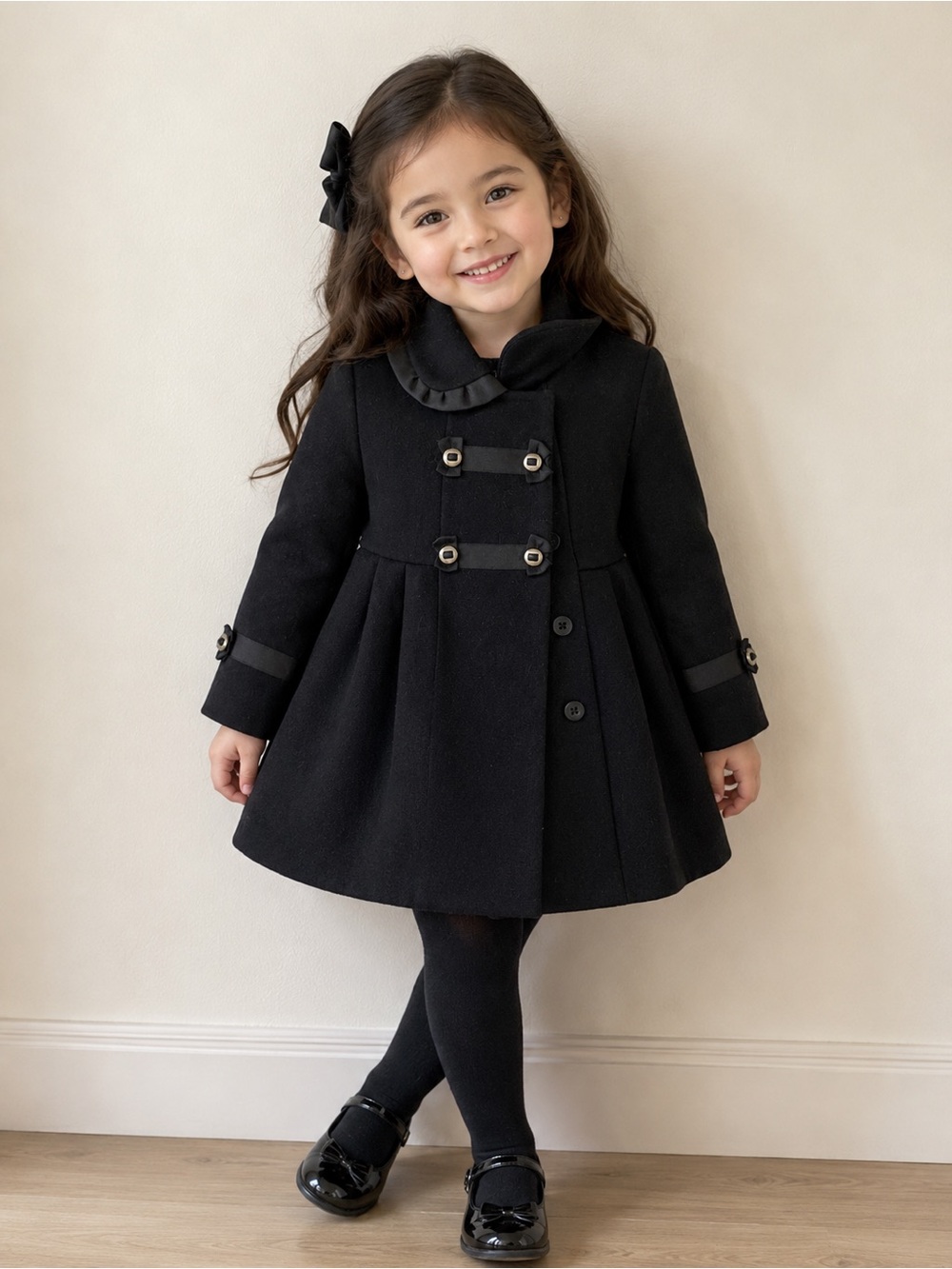 Rothschild Girls' Black Double-Breasted Pleated Coat